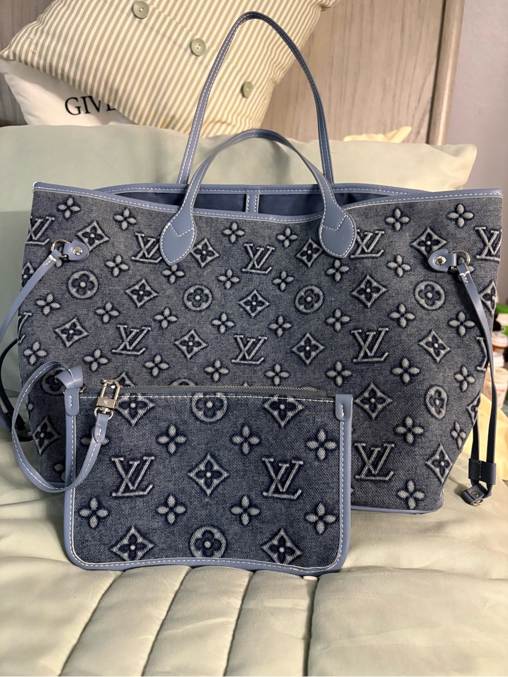 Fashionable Denim Monogram Tote in Blue and Light Blue